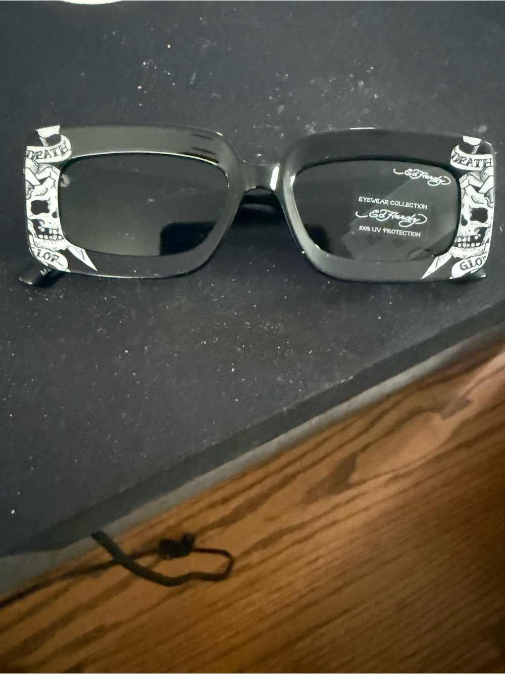 Ed Hardy Black Rectangular Sunglasses with Skull Accent